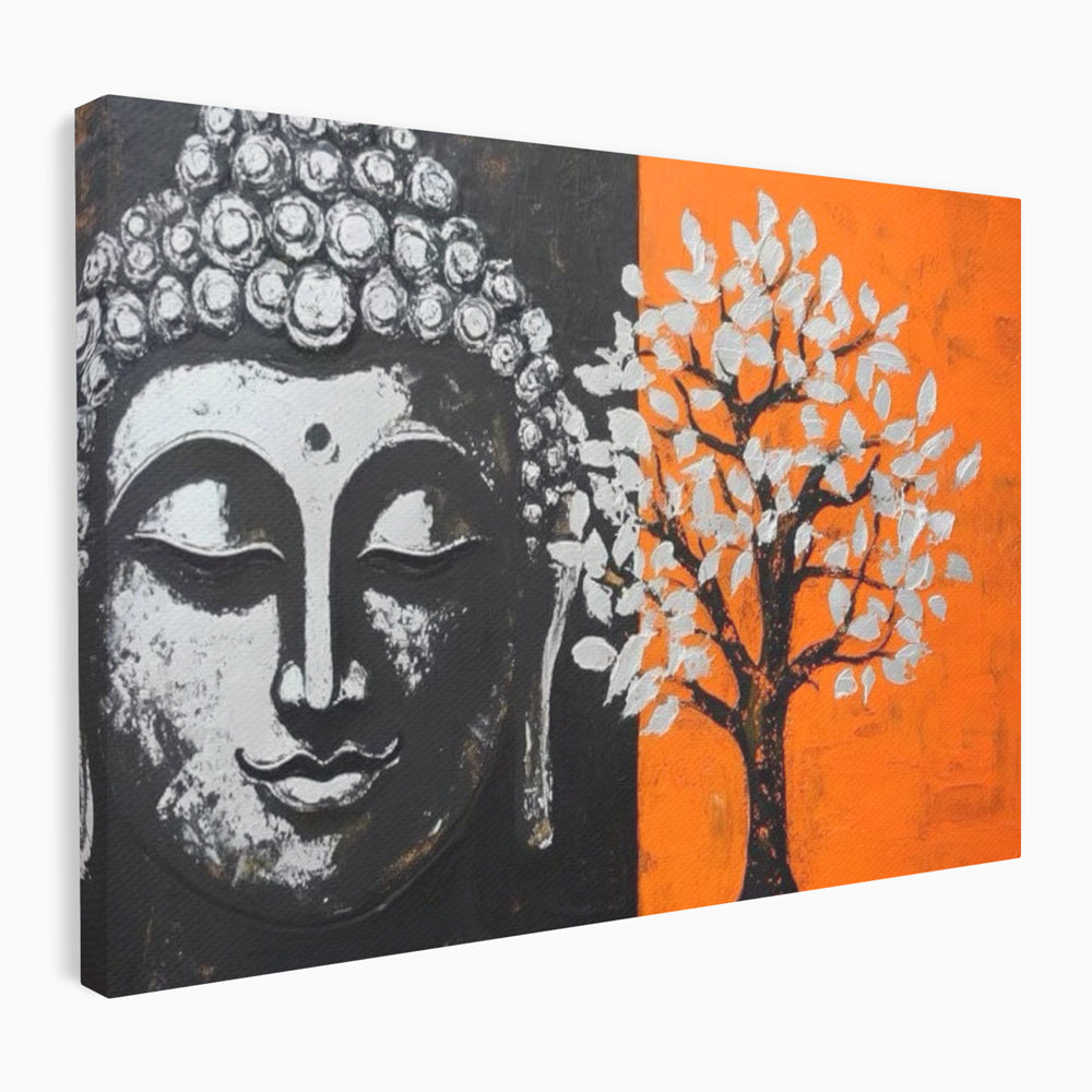 Tablou canvas cu tablou canvas cu capul lui buddha si un copac, fara rama, pe sasiu de lemn
